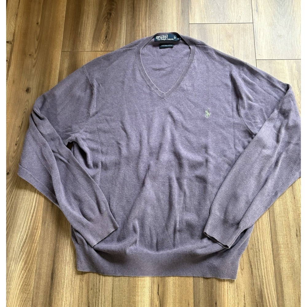 Men's POLO by RALPH LAUREN Sz L Purple V-Neck Long Sleeved PIMA COTTON Sweater